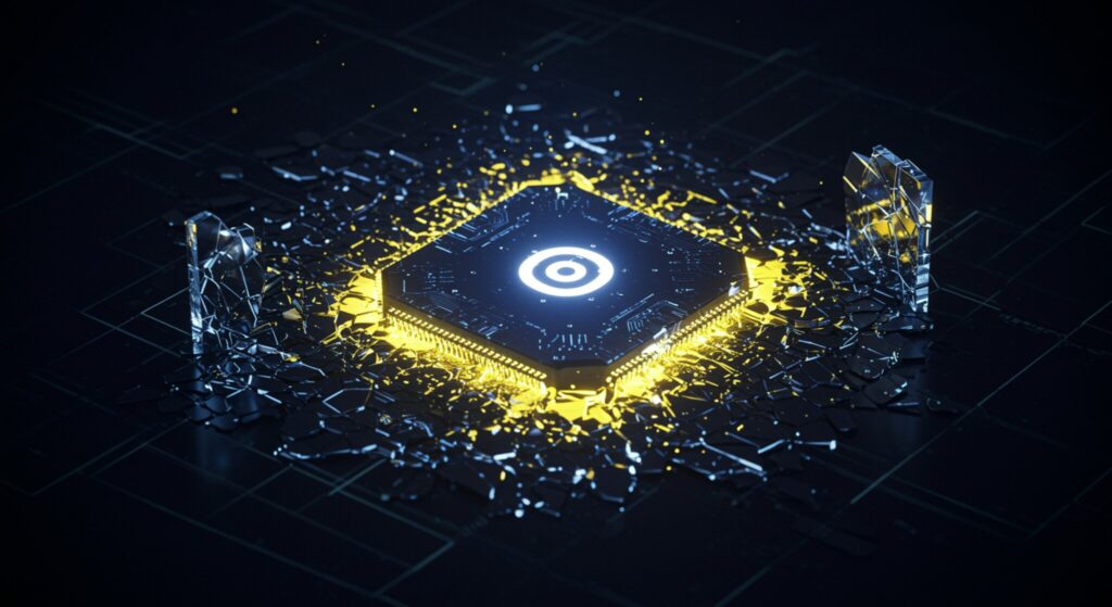 imagem de uma rede neural de IA, que lembra o núcleo do ChatGPT, parecendo fragmentada e vazando fluxos de dados luminosos.