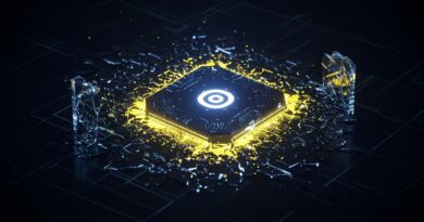 imagem de uma rede neural de IA, que lembra o núcleo do ChatGPT, parecendo fragmentada e vazando fluxos de dados luminosos.