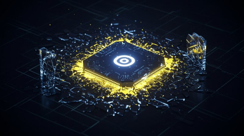 imagem de uma rede neural de IA, que lembra o núcleo do ChatGPT, parecendo fragmentada e vazando fluxos de dados luminosos.