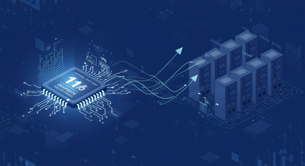 DeepSeek AI desafia paradigma de alto gasto em computação 1 Ilustração conceitual de redes neurais e economia da computação, representando a eficiência da DeepSeek AI