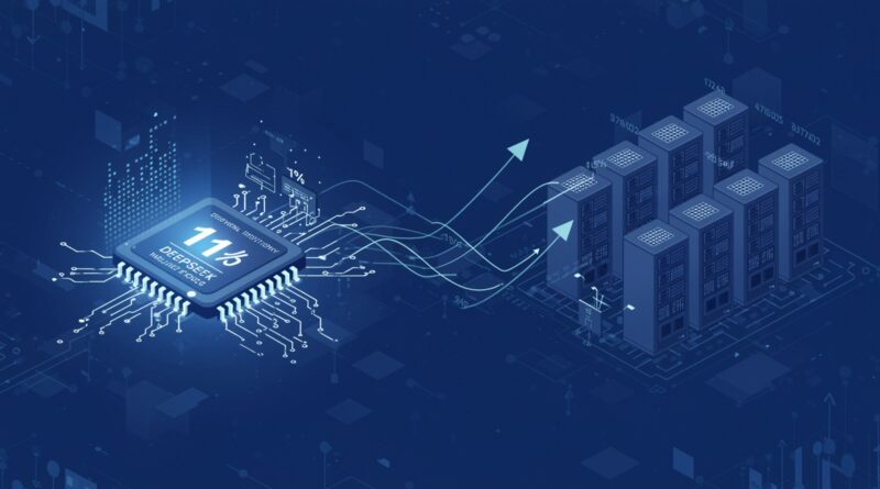 Ilustração conceitual de redes neurais e economia da computação, representando a eficiência da DeepSeek AI