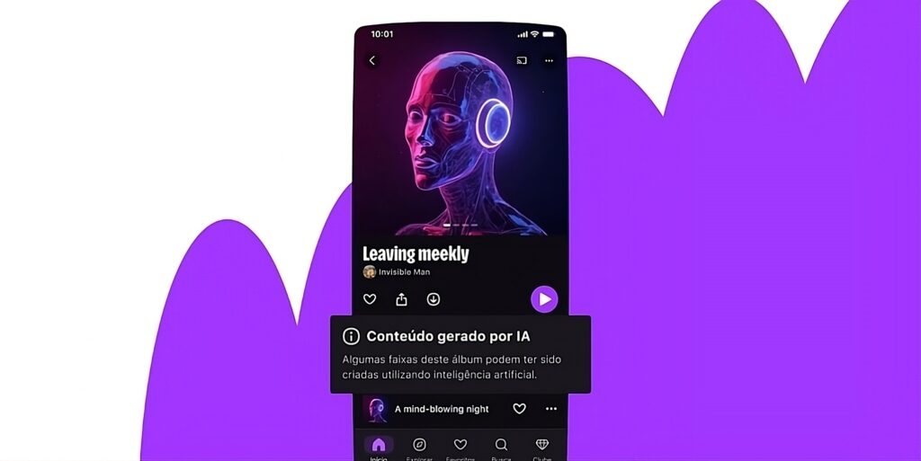 Deezer lança sistema para detectar músicas geradas por IA 3 Página de álbum exibindo selo de detecção de música gerada por IA na Deezer; identificação traz mais transparência aos usuários e à indústria musical; sistema utiliza IA para reconhecer ferramentas como Suno e Udio e vai evoluir para cobrir novos métodos no futuro.