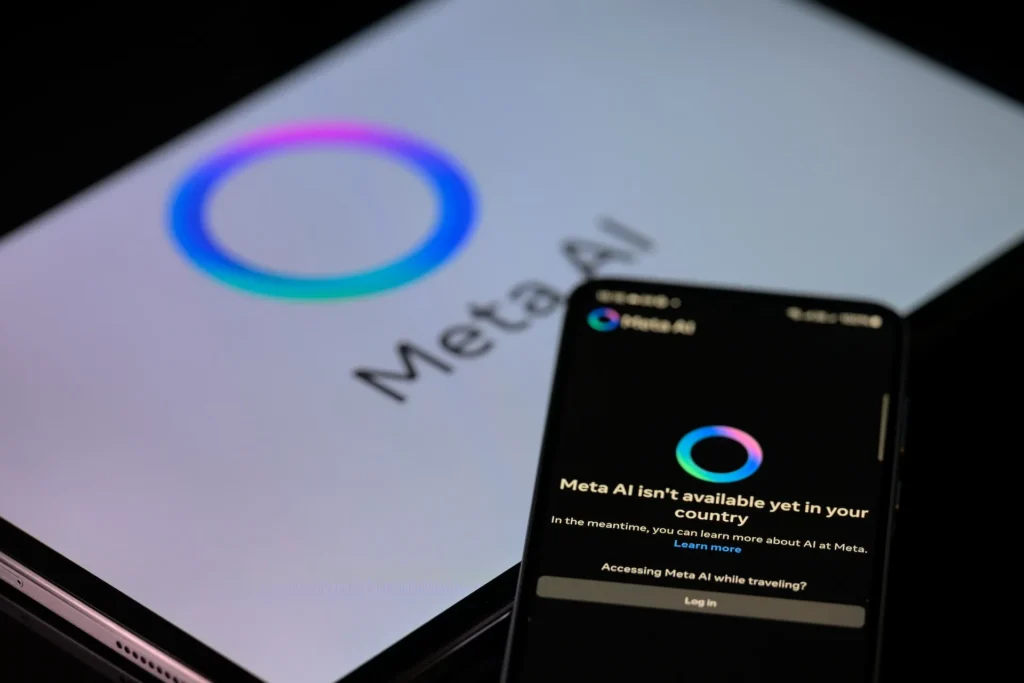 Meta AI sendo destacada em smartphones e tablets; permissão solicitada para fotos do usuário via Facebook Story, junho de 2025