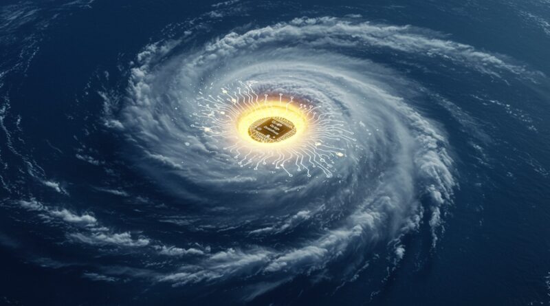 Ilustração vetorial de IA prevendo trajetória de furacões com sobreposições de dados.