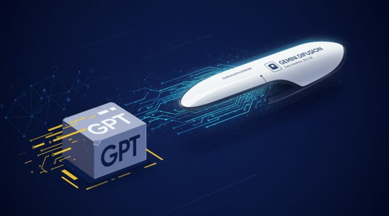 Visual criado por IA sobre Gemini Diffusion, Google Diffusion LLM acelerando processamento de linguagem natural.