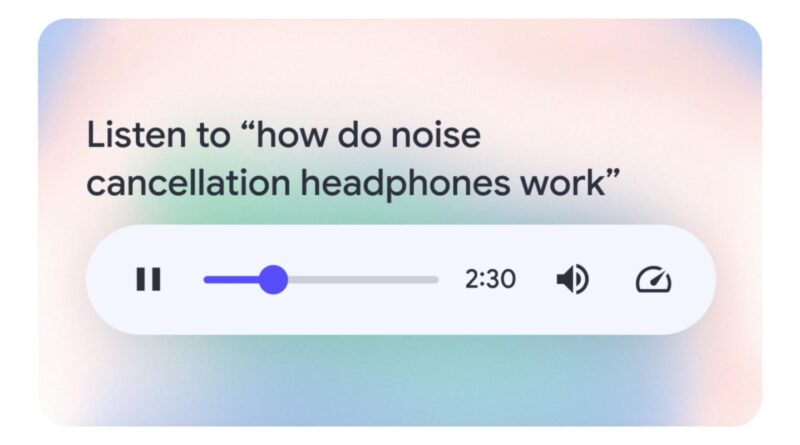Visual do recurso Audio Overviews no Google Search, demonstrando a interface e o player de áudio