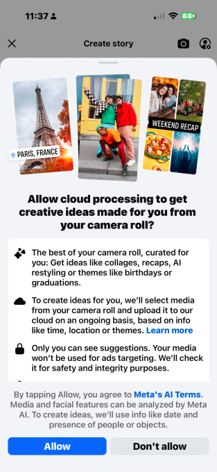 Captura de tela do aviso de processamento em nuvem do Facebook, destacando a permissão para análise de fotos para sugestões com IA