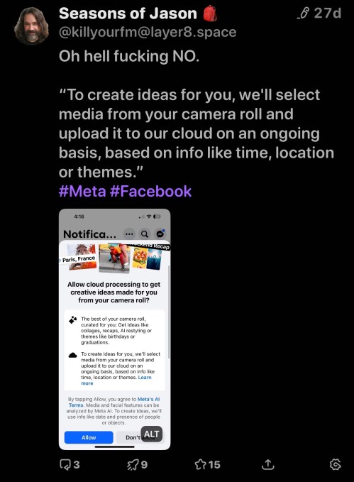 Captura de tela mostrando sugestões do Facebook para Stories com aplicação da Meta AI