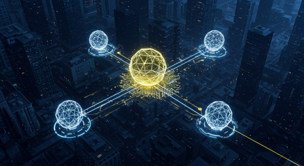 Interoperabilidade AI: A2A e MCP transformam agentes 1 Ilustração de interoperabilidade de AI com ícones de conexão entre agentes