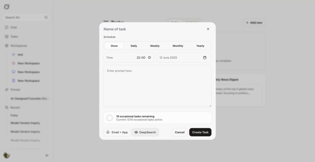 Interface do recurso Tasks no Grok o xAI