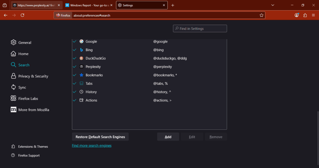 Mozilla testa Perplexity AI: Perplexity listado no painel de motores de busca do Firefox