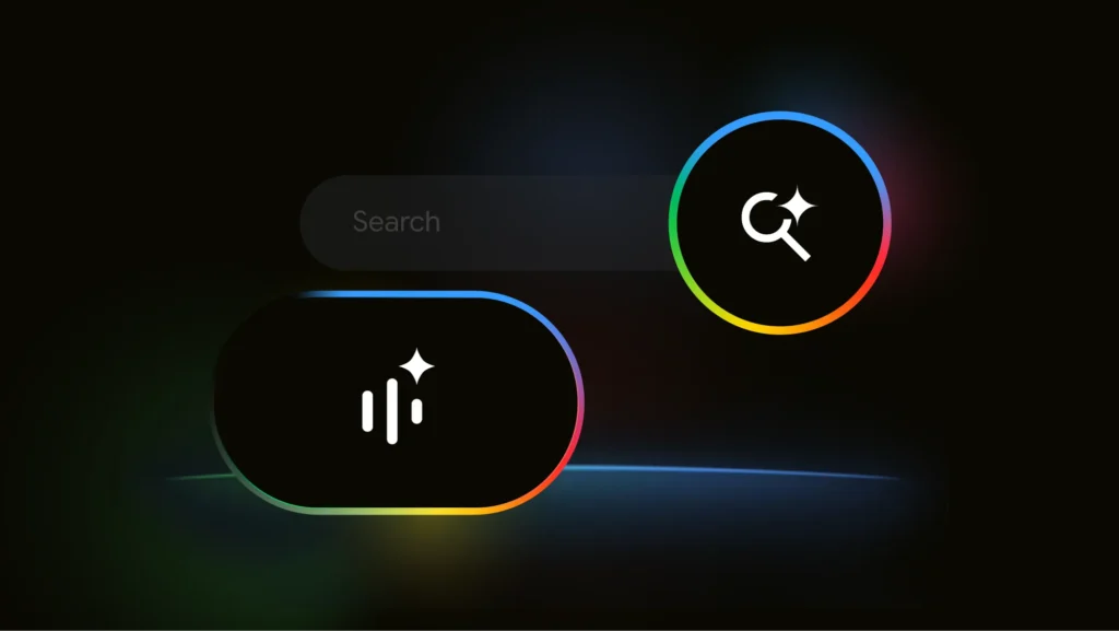 Search Live do Google: busca por voz em tempo real 2 Ilustração dos logos do AI Mode e Search Live sobre fundo preto