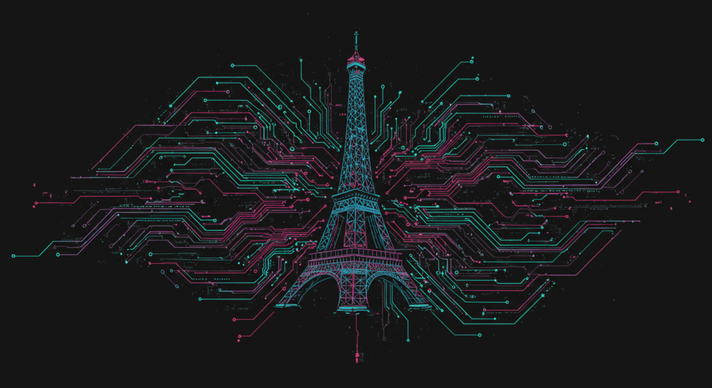 Ilustração Midjourney: Torre Eiffel entre circuitos simbolizando a nuvem de IA da Mistral