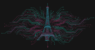 Ilustração Midjourney: Torre Eiffel entre circuitos simbolizando a nuvem de IA da Mistral