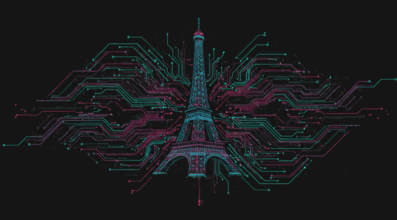 Ilustração Midjourney: Torre Eiffel entre circuitos simbolizando a nuvem de IA da Mistral