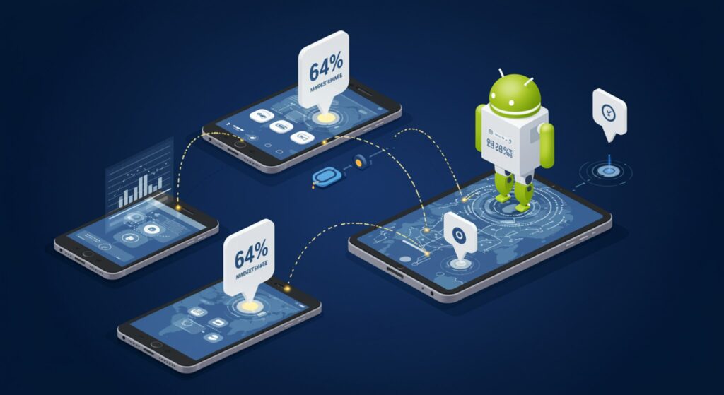 Tráfego Mobile Recorde: Android Domina o Cenário 1 Ilustração vetorial estilizada representando o domínio do tráfego móvel, com um robô Android proeminente no topo de uma rede global de smartphones e tablets interconectados