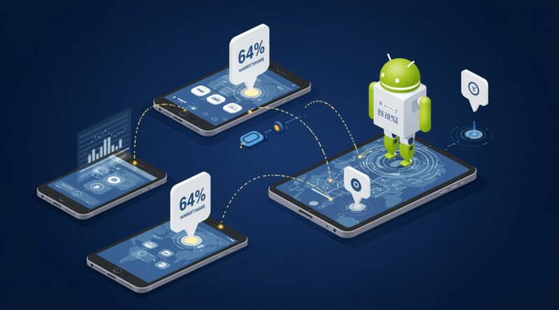 Ilustração vetorial estilizada representando o domínio do tráfego móvel, com um robô Android proeminente no topo de uma rede global de smartphones e tablets interconectados