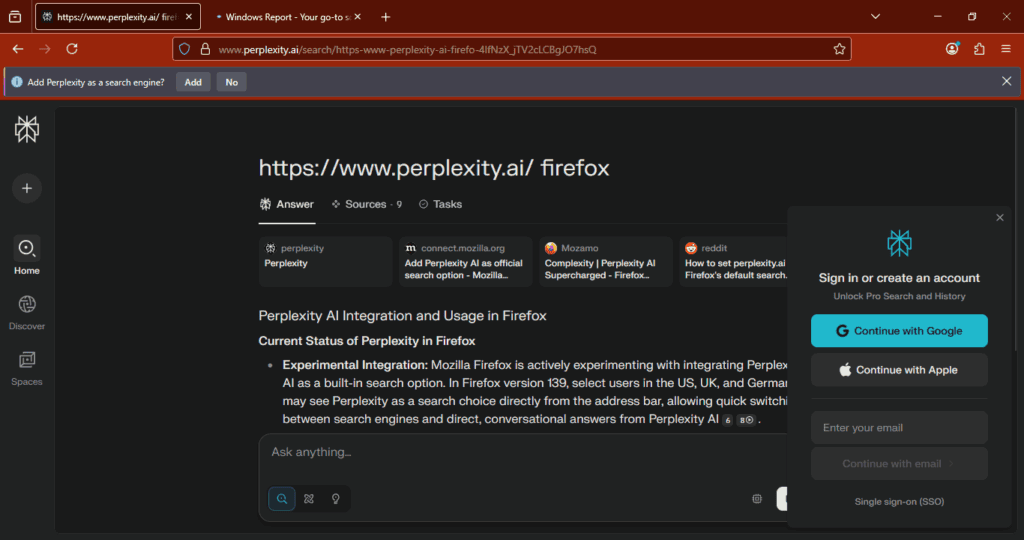 Mozilla testa Perplexity AI: Janela pedindo confirmação para adicionar Perplexity