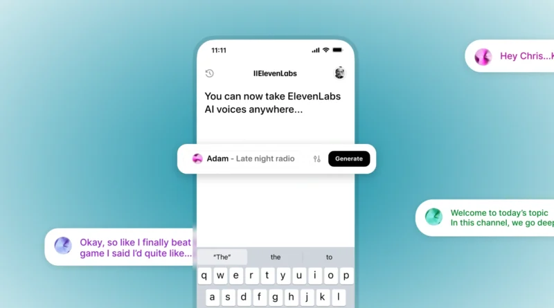 App ElevenLabs aberto em smartphone com telas de geração de voz por IA, destacando a facilidade de uso do novo aplicativo mobile