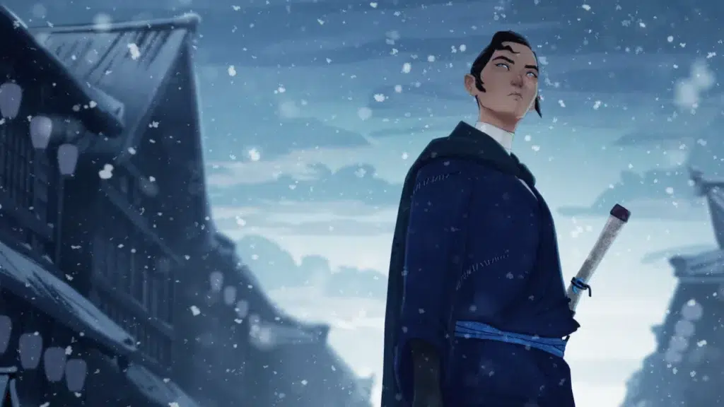 Detalhe do teaser da 2ª temporada de Blue Eye Samurai durante o Annecy Animation Film Festival, anime da Netflix.