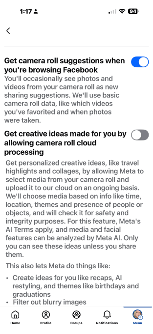 Configuração do Facebook que permite controlar a sugestão e o processamento em nuvem de fotos para IA