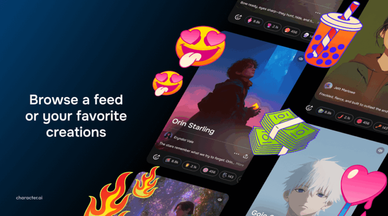 Ilustração dos novos recursos do Character.AI mostrando cenas interativas e avatares animados com potencial criativo
