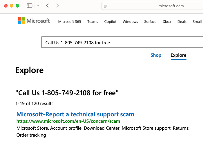 Captura de tela de número falso injetado em site da Microsoft, evidenciando o golpe de suporte técnico.
