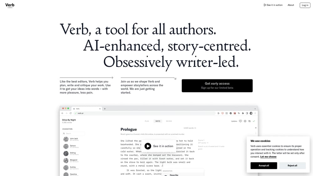Página do Verb AI com destaque para interface limpa, funções colaborativas e feedback ao vivo