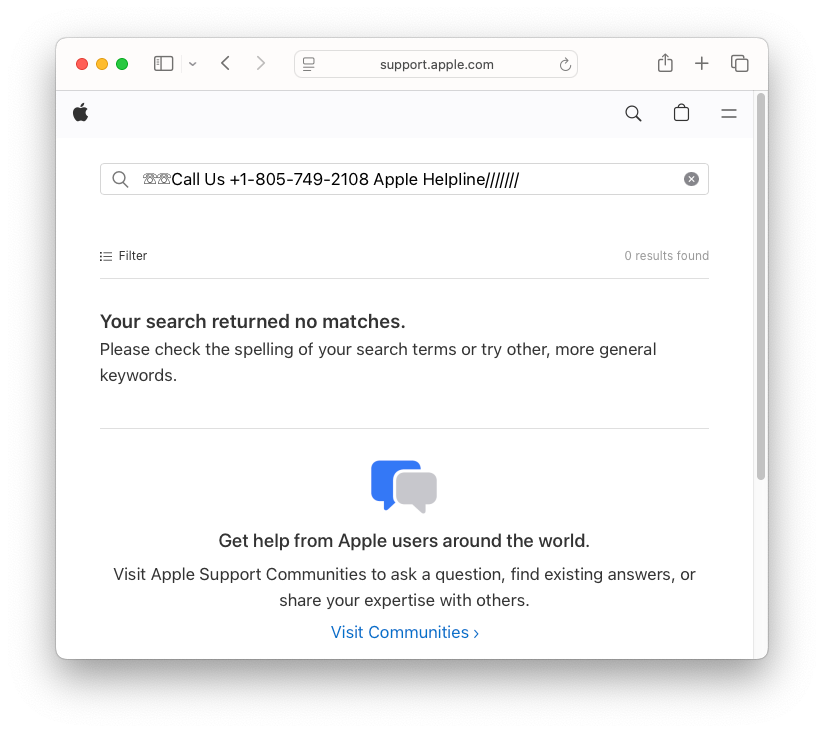 Print de número falso exibido em site da Apple devido ao golpe de suporte técnico divulgado em 2025.