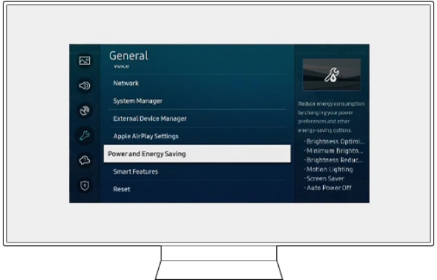 Configuração do modo de economia de energia na Smart TV Samsung: ajuste para desativar e ganhar mais brilho e cor.