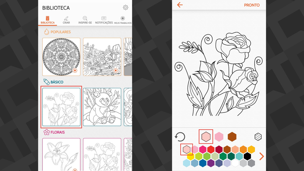 O Colorfy tem desenhos separados por categoria e pintura por toque.