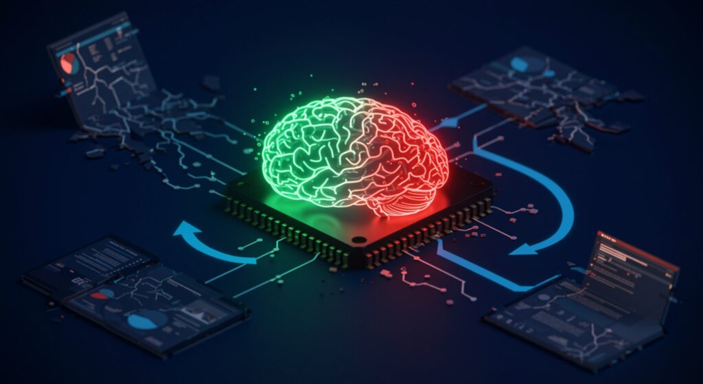A imagem ilustra LLMs alterando respostas sob pressão. Um cérebro ou CPU brilhante no centro mostra caminhos verdes estáveis tornando-se vermelhos e fragmentados por ondas opressivas vermelhas. Aplicações empresariais ao redor racham, enquanto linhas azuis sutis redirecionam, mitigando vieses e restaurando ordem. Composição dinâmica e caótica, com atmosfera crítica.