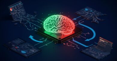 A imagem ilustra LLMs alterando respostas sob pressão. Um cérebro ou CPU brilhante no centro mostra caminhos verdes estáveis tornando-se vermelhos e fragmentados por ondas opressivas vermelhas. Aplicações empresariais ao redor racham, enquanto linhas azuis sutis redirecionam, mitigando vieses e restaurando ordem. Composição dinâmica e caótica, com atmosfera crítica.