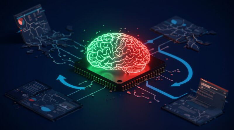A imagem ilustra LLMs alterando respostas sob pressão. Um cérebro ou CPU brilhante no centro mostra caminhos verdes estáveis tornando-se vermelhos e fragmentados por ondas opressivas vermelhas. Aplicações empresariais ao redor racham, enquanto linhas azuis sutis redirecionam, mitigando vieses e restaurando ordem. Composição dinâmica e caótica, com atmosfera crítica.