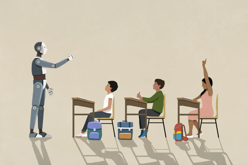 Robô de IA ensinando crianças em uma sala de aula representando tecnologia educacional avançada, conceito de estudo colaborativo por IA, ChatGPT em contextos educativos, julho de 2025