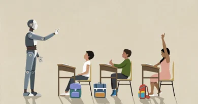 Robô de IA ensinando crianças em uma sala de aula representando tecnologia educacional avançada, conceito de estudo colaborativo por IA, ChatGPT em contextos educativos, julho de 2025