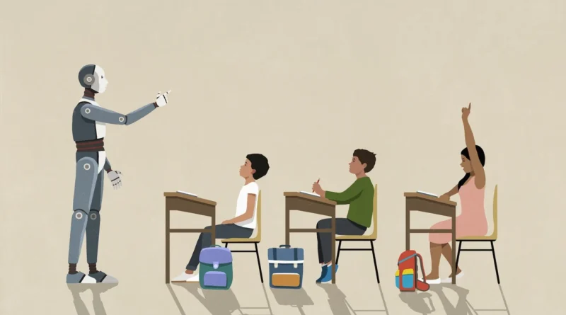 Robô de IA ensinando crianças em uma sala de aula representando tecnologia educacional avançada, conceito de estudo colaborativo por IA, ChatGPT em contextos educativos, julho de 2025