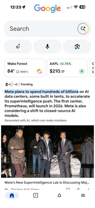 Exemplo de sumário IA exibido na interface do Google Discover com logos de publishers e aviso sobre potencial erro.