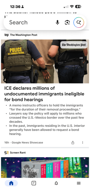 Tópicos em bullet points resumem artigo do Washington Post sobre imigração, exibidos no Google Discover com IA.