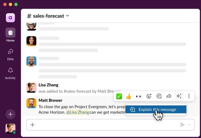 Explicação de mensagem com IA no Slack, detalhando contexto de conversas.