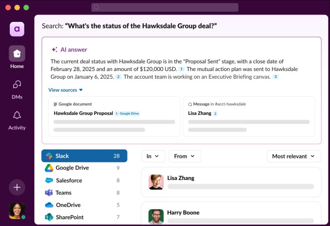 Busca corporativa Slack com IA integrando canais e apps externos.