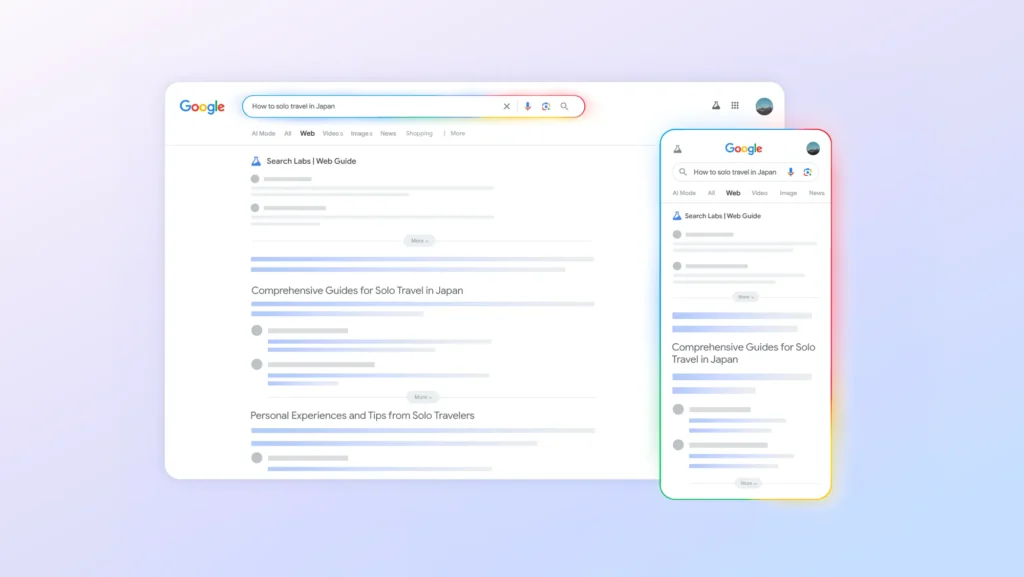 Interface do novo Web View Search do Google organizada por inteligência artificial; exibe estrutura visual de tópicos para pesquisa mais eficiente