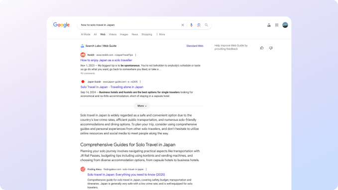 Exemplo visual de agrupamento inteligente de tópicos no Web View Search do Google, exibindo diferentes categorias de resposta para uma mesma busca