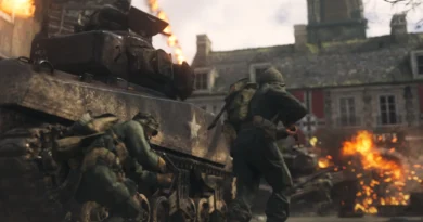 Imagem promocional do jogo Call of Duty: WWII mostrando ação militar intensa, com ênfase em cenário da Segunda Guerra mundial, destacando personagem principal, bandeira dos Estados Unidos e ambiente de combate.