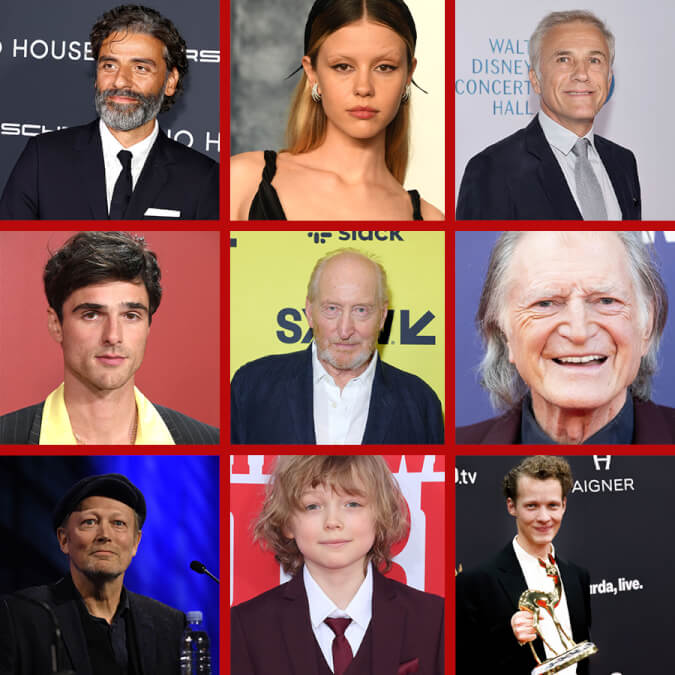 Foto montagem com o elenco principal de Frankenstein Netflix, incluindo Oscar Isaac, Andrew Garfield e Mia Goth