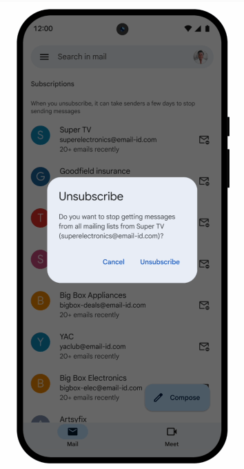Menu Gerenciar assinaturas Gmail com lista de remetentes e botões para cancelar inscrição