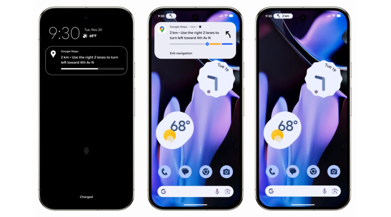 Demonstração de Live Updates do Android 16 com Google Maps exibindo navegação ativa e notificações dinâmicas no topo da tela.