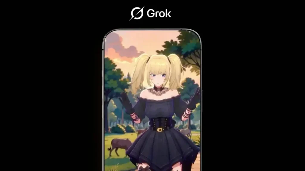 Ilustração do aplicativo Groks com destaque para interface do novo modelo Groks 4 e seus companheiros de IA