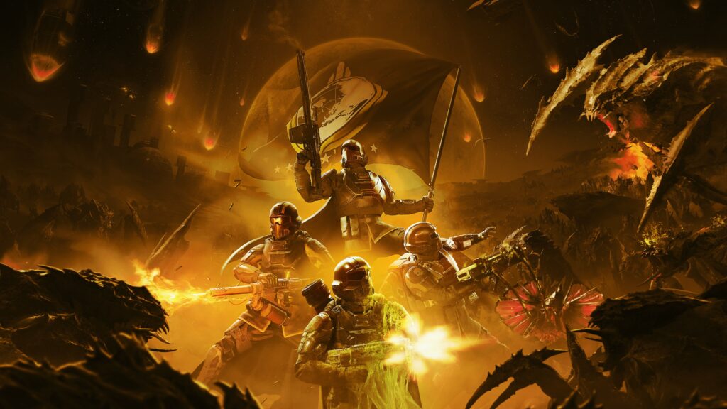 Helldivers 2 chega ao Xbox Series X/S em 26 de agosto 1 Arte promocional de Helldivers 2 com soldados em batalha galáctica