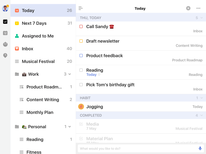 Interface do TickTick mostrando lista de tarefas